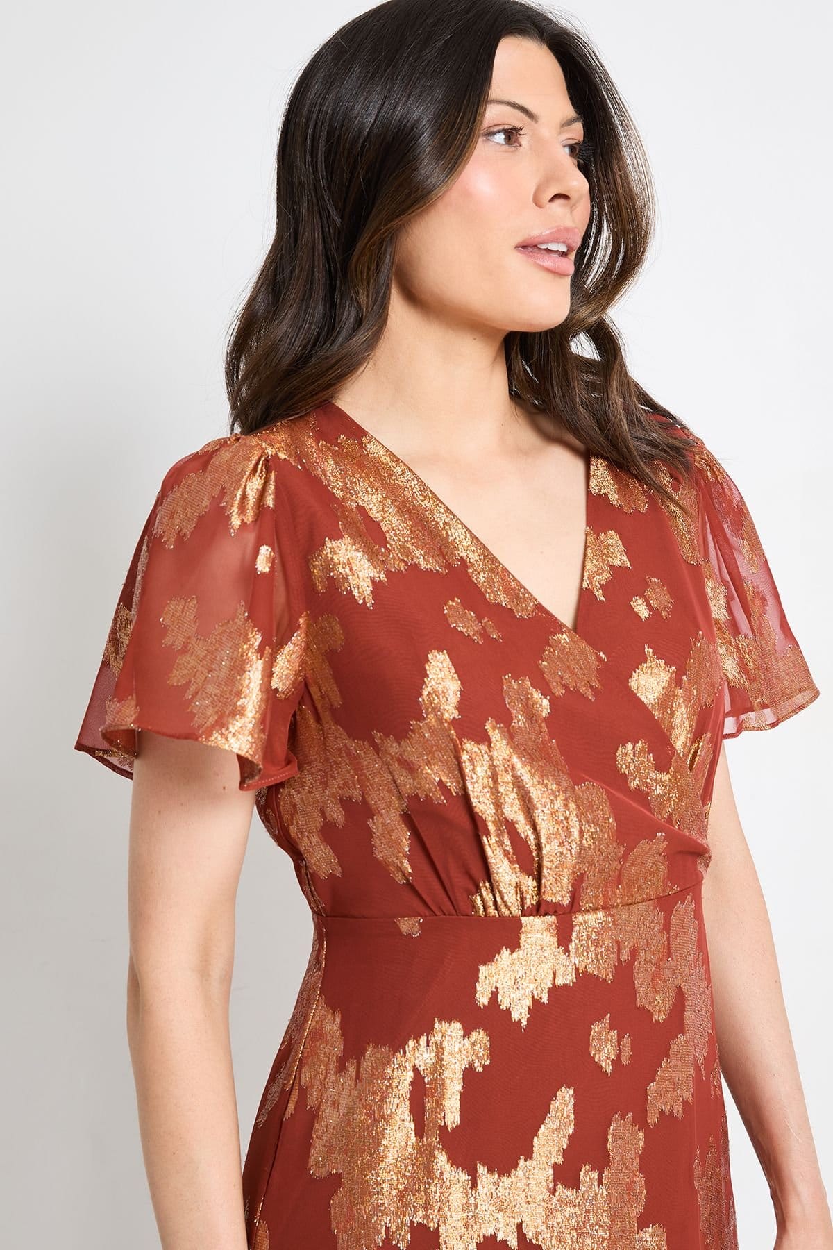 Wallis Wallis Women's Metallic Ruffle Hem Midi Dress in Rust - 4