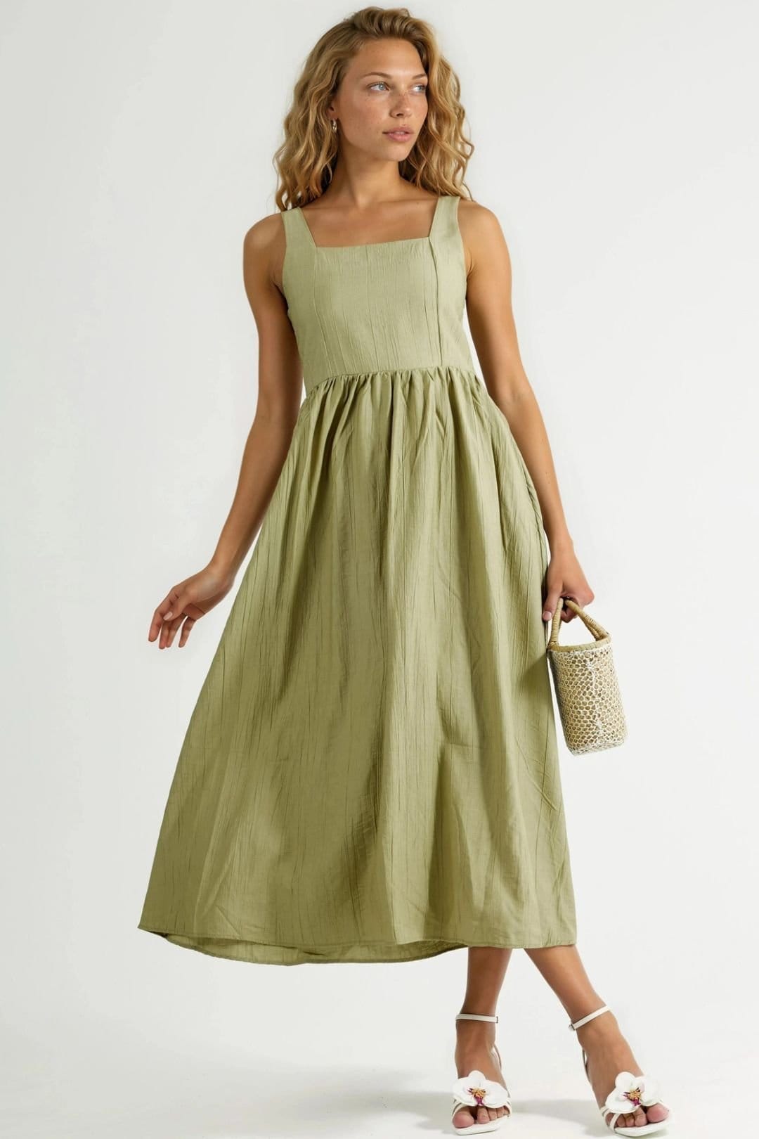 Busem Olive Square Collar Midi Dress