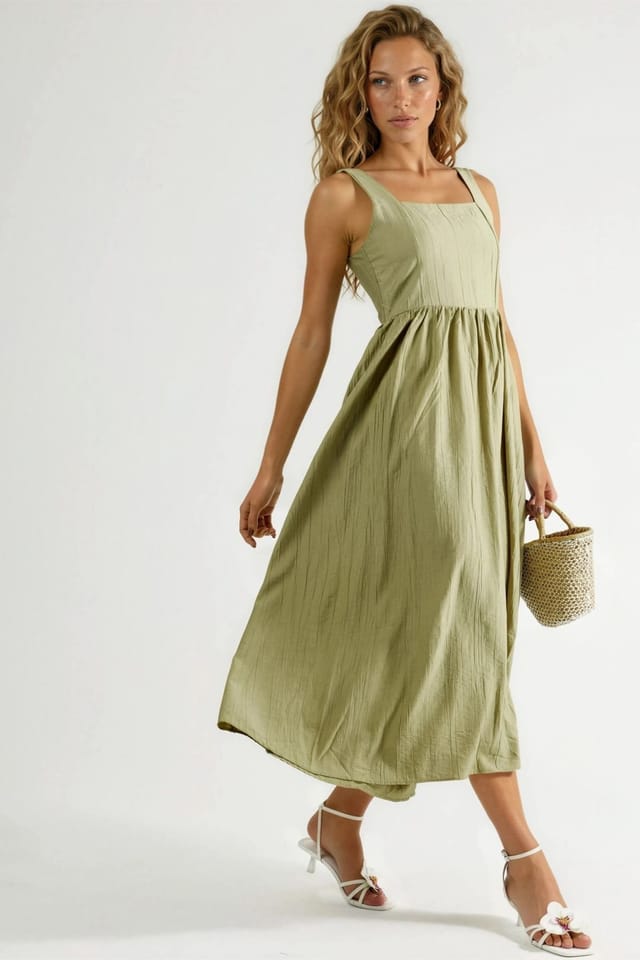Busem Busem Women's Solid Midi Dress with Square Collar in Olive - 2