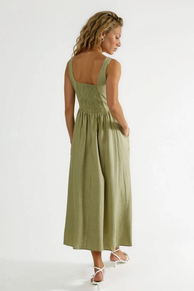 Busem Busem Women's Solid Midi Dress with Square Collar in Olive - 3