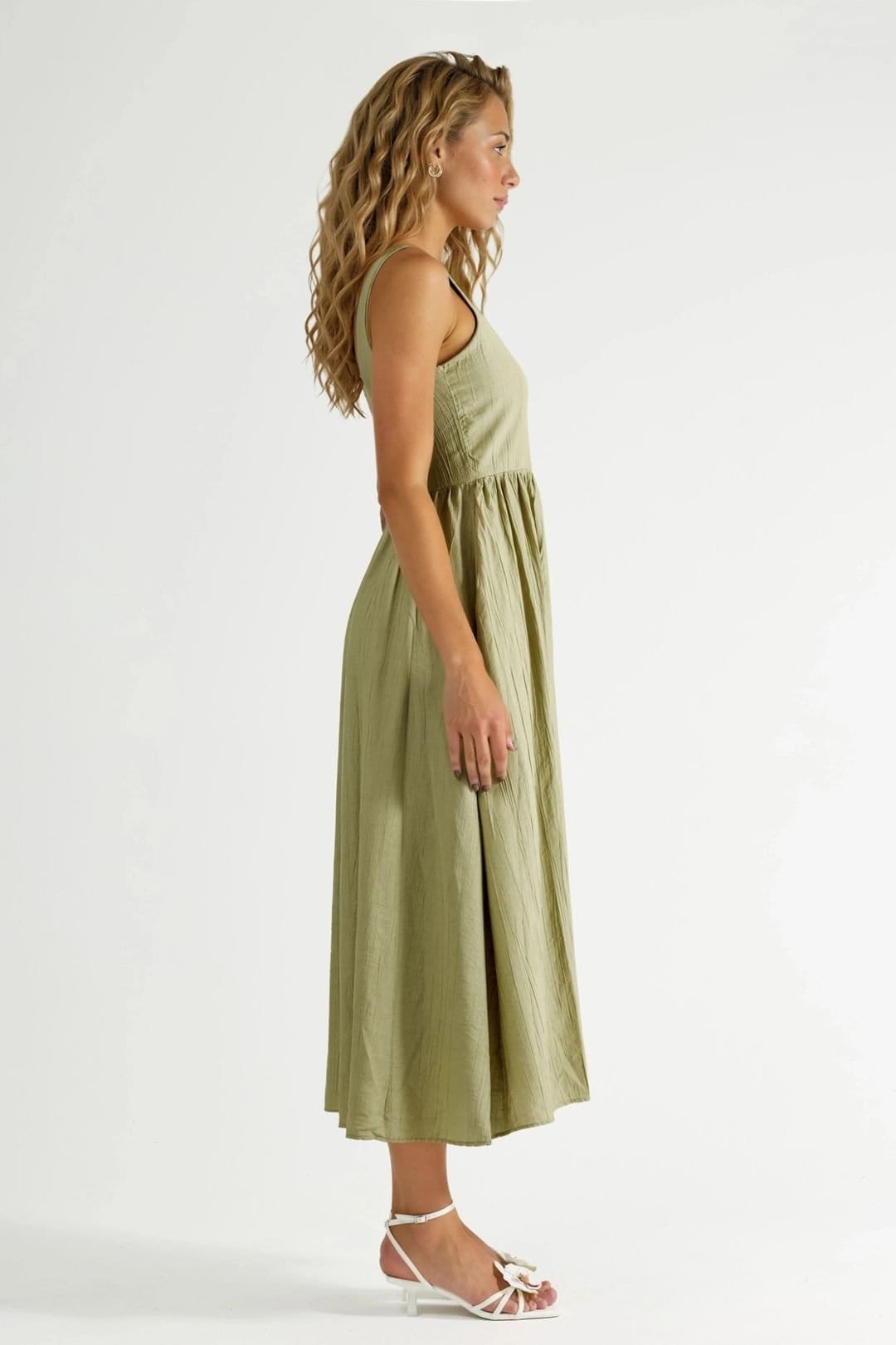 Busem Busem Women's Solid Midi Dress with Square Collar in Olive - 4