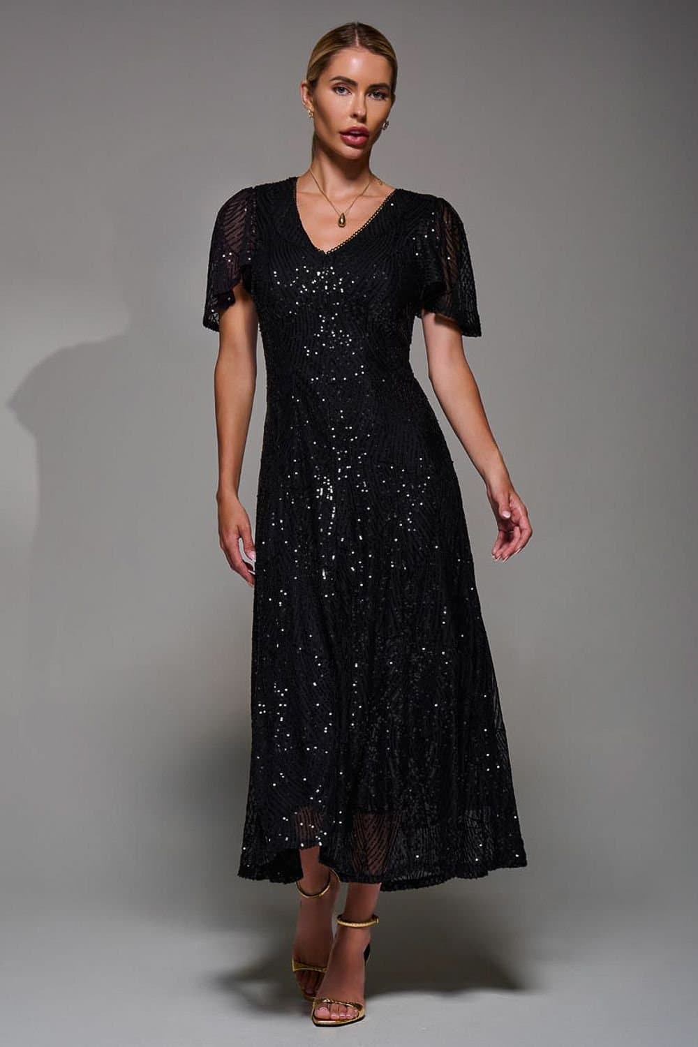 Jolie Moi Jolie Moi Women's Sequin Angel Sleeve Fit & Flare Midaxi Dress in Black
