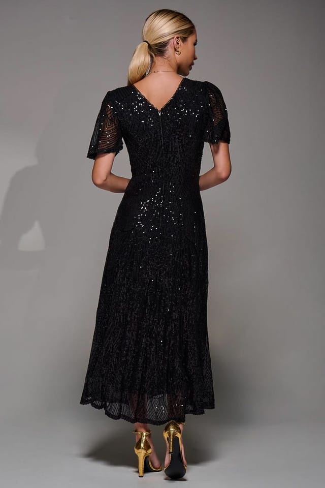 Jolie Moi Jolie Moi Women's Sequin Angel Sleeve Fit & Flare Midaxi Dress in Black - 2