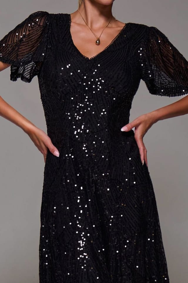 Jolie Moi Jolie Moi Women's Sequin Angel Sleeve Fit & Flare Midaxi Dress in Black - 3