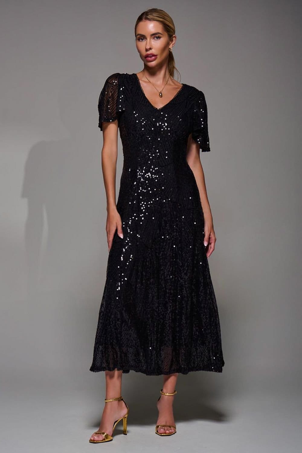 Jolie Moi Jolie Moi Women's Sequin Angel Sleeve Fit & Flare Midaxi Dress in Black - 4