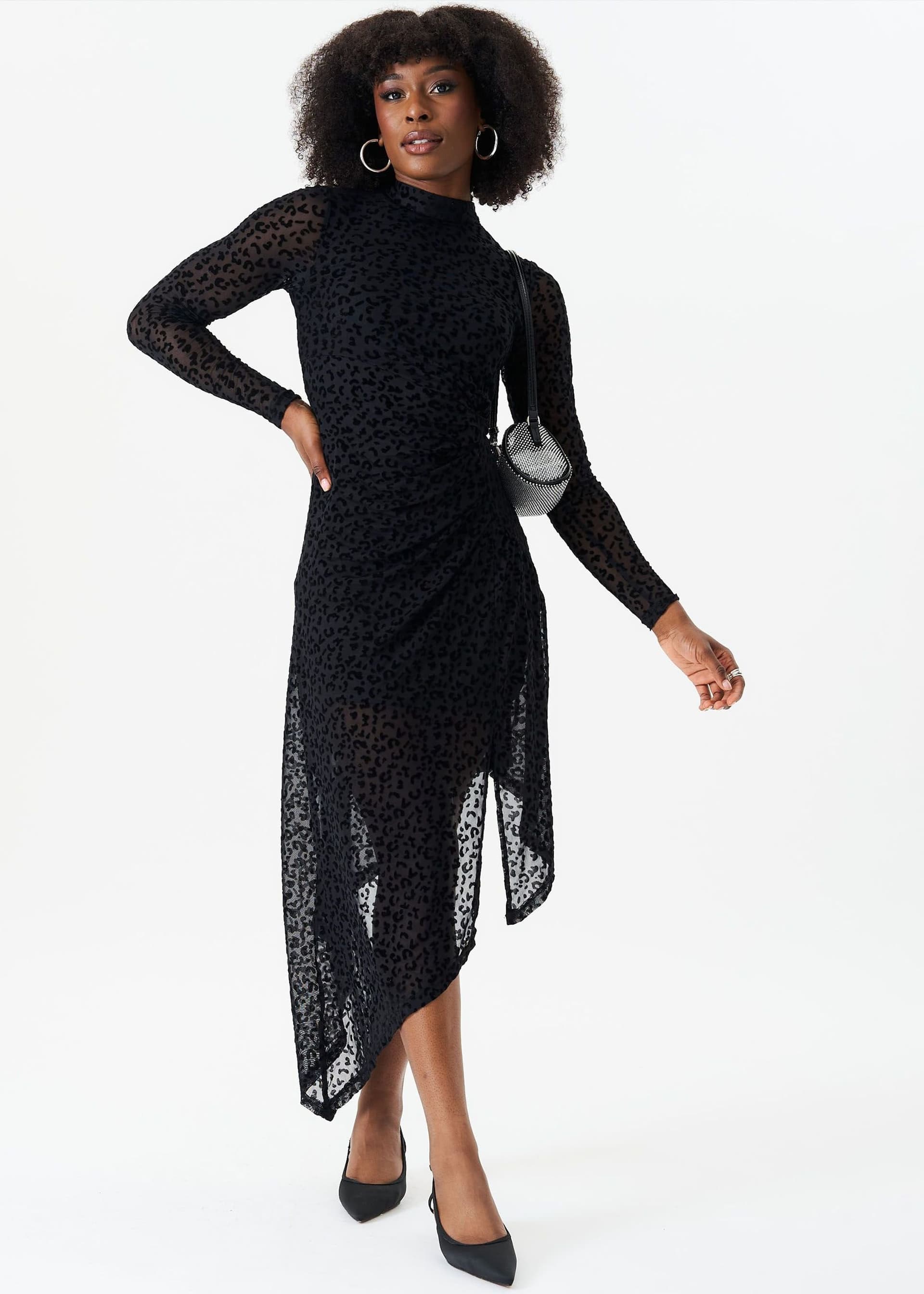 Gini London Gini London Women's Black Animal Devore High Neck Midi Dress