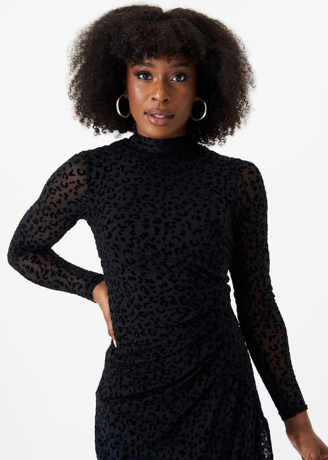 Gini London Gini London Women's Black Animal Devore High Neck Midi Dress - 2