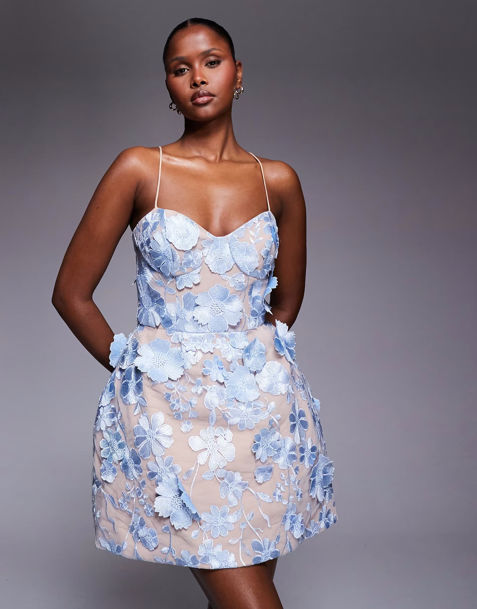 ASOS Jarlo Ronie structured floral lace mini dress in blue