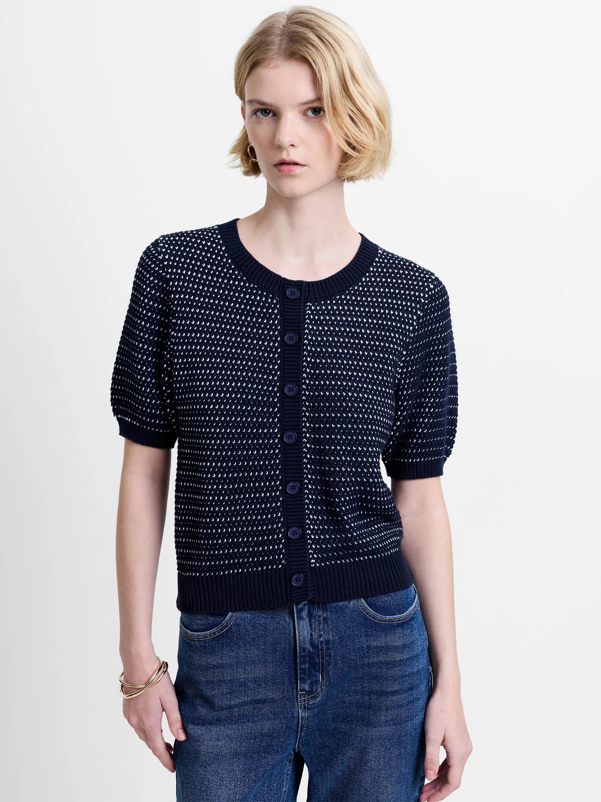 French Connection Haddie Mozart Knit Faux Button Top Navy Dark Blue/Linen White