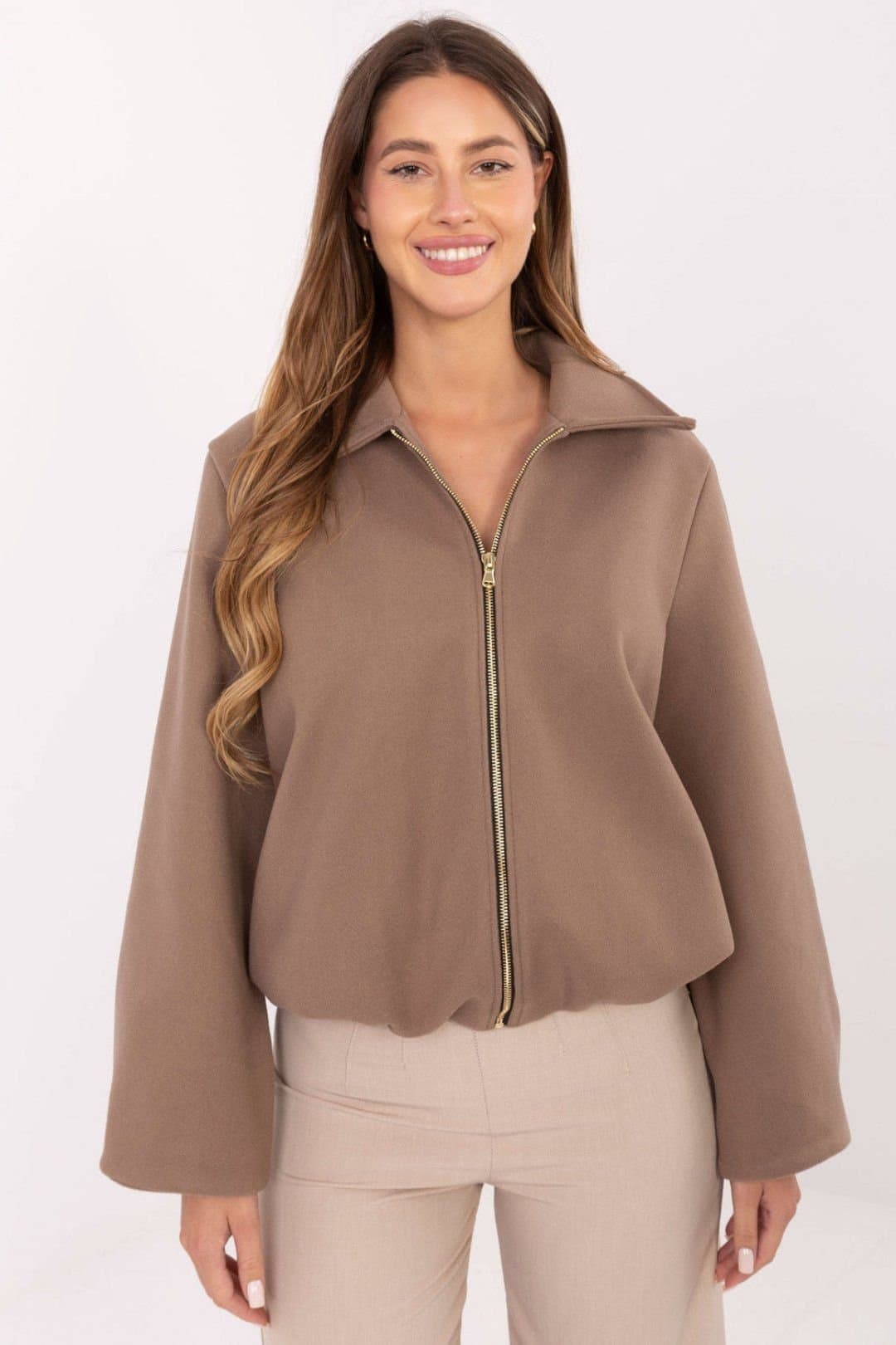 Love Lace Love Lace Women's Light Transitional Balloon Sleeve Zip Jacket in Brown