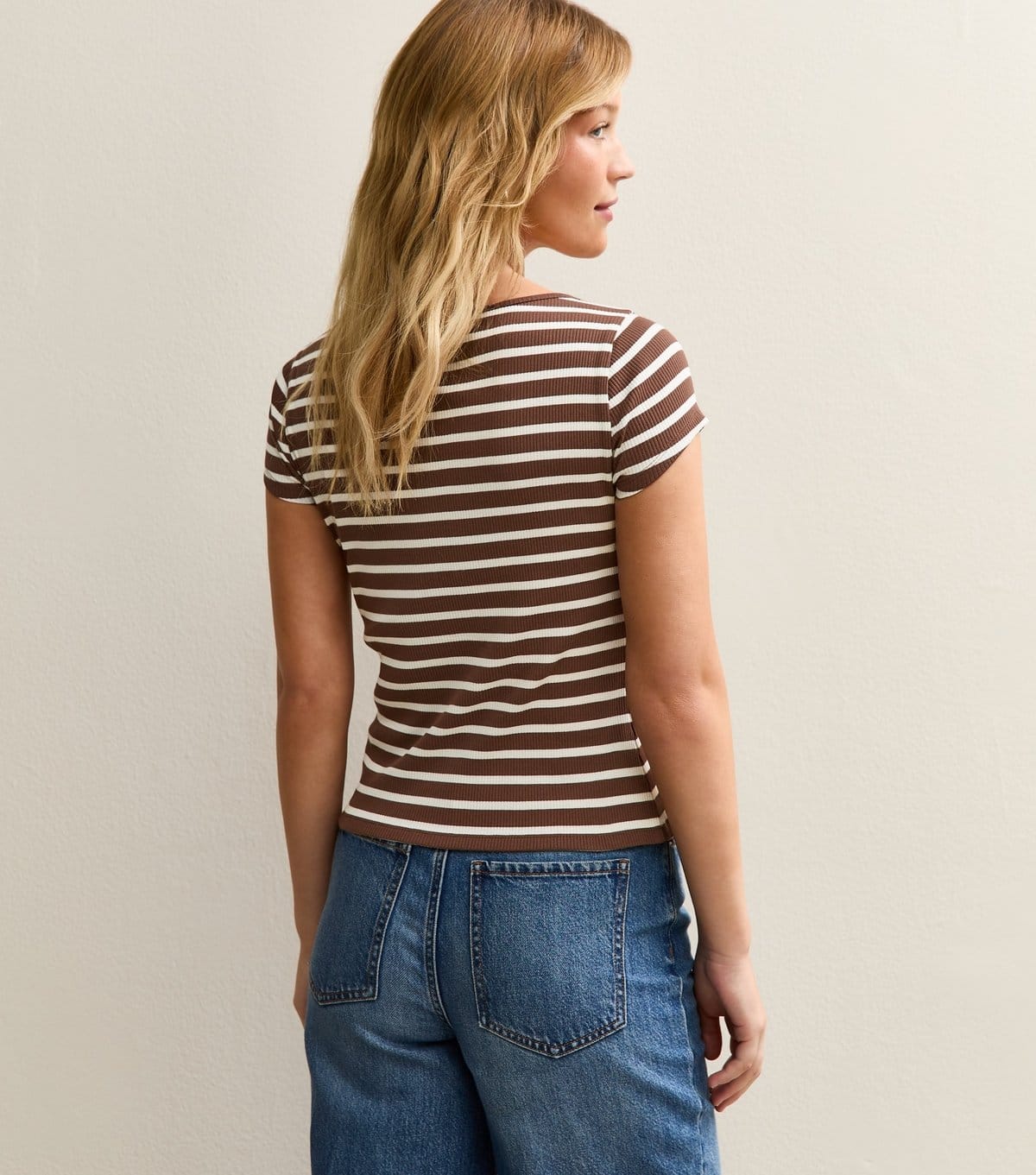 New Look Women's Brown Stripe Button Through Baby Tee New Look - 4