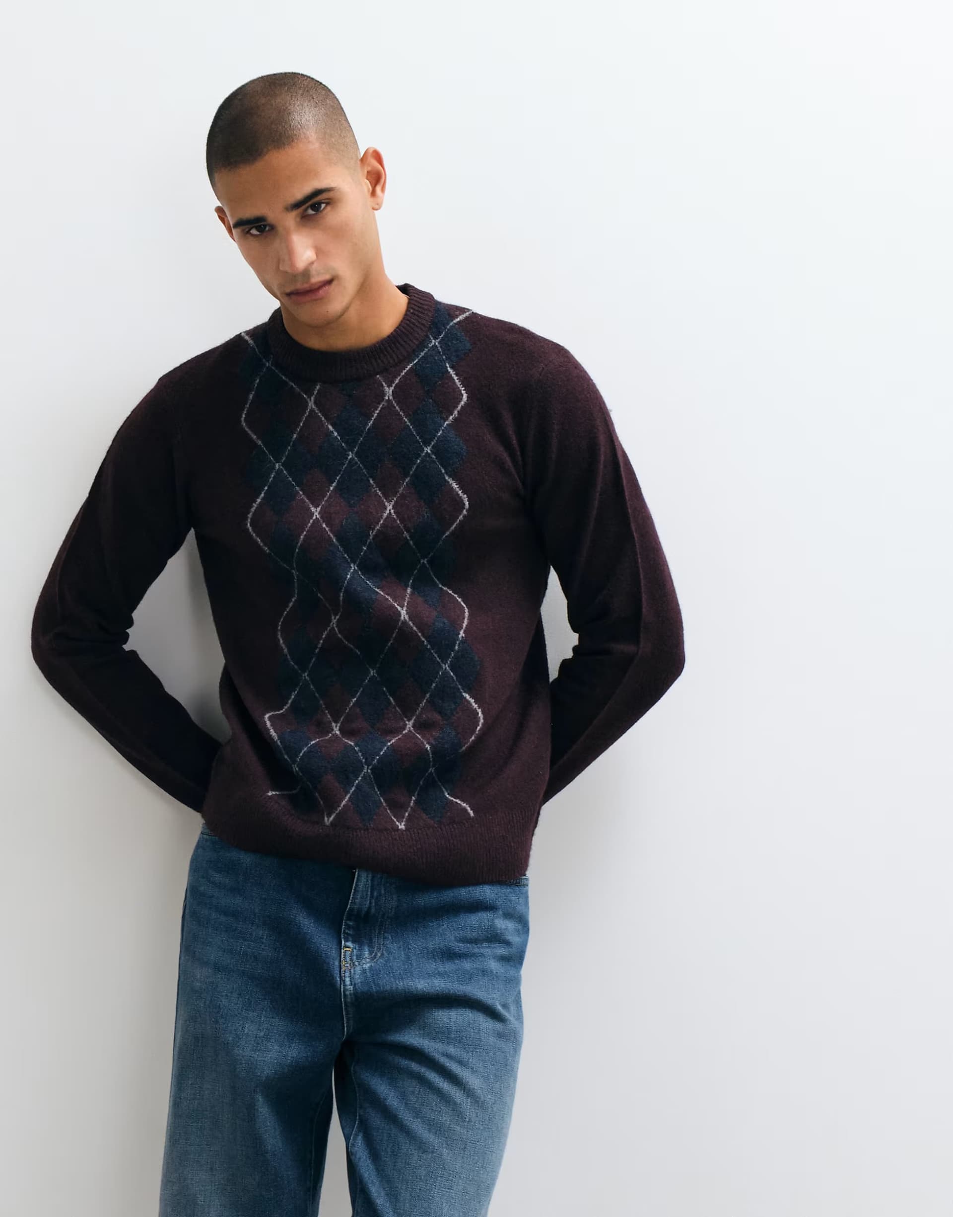ASOS Threadbare argyle knitted crew neck jumper in burgundy