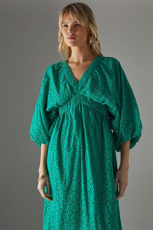 Warehouse Warehouse Women's Broderie Plunge Neck Volume Sleeve Smock Midi Dress in Bright Green - 2