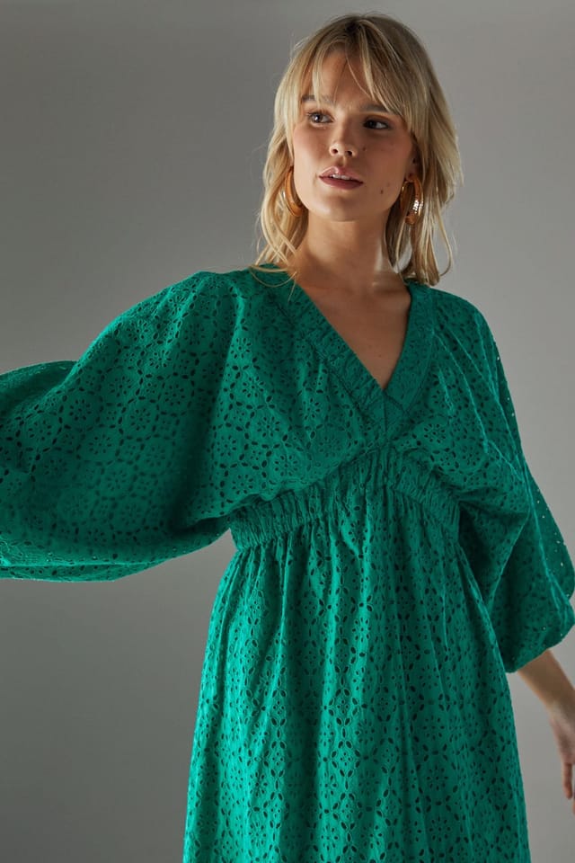 Warehouse Warehouse Women's Broderie Plunge Neck Volume Sleeve Smock Midi Dress in Bright Green - 3