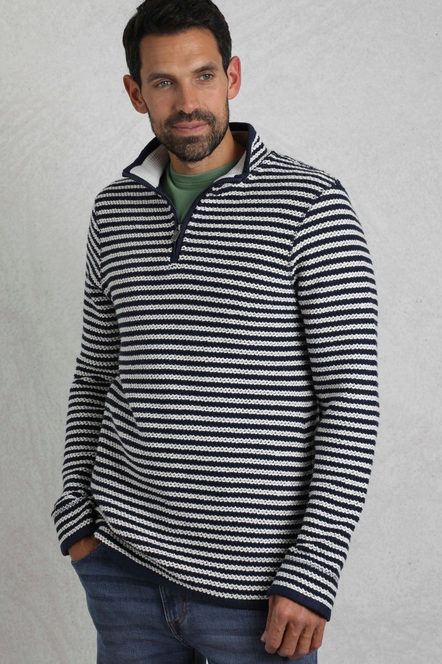 Weird Fish Weird Fish Men's Shorling 1/4 Zip Striped Macaroni Sweatshirt in Ecru - 4