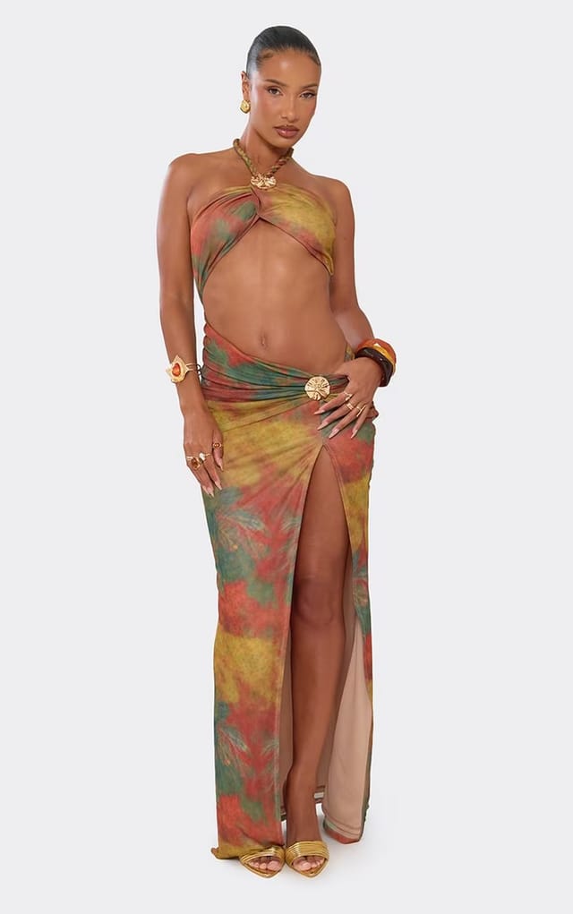 EGO Rope Halterneck Trim Detail Cut Out Side Split Maxi Dress In Multi Abstract Print Mesh, Women's Size UK 6 - 2