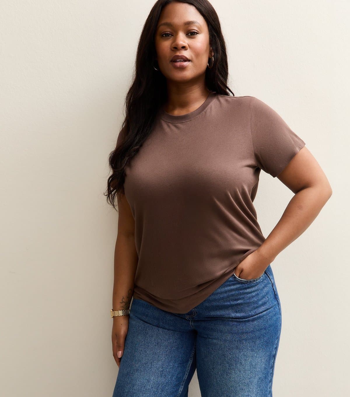 New Look Women's Plus Size Dark Brown Crew Neck T-Shirt Curves New Look
