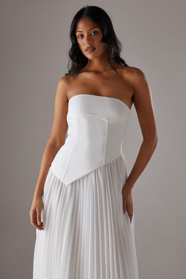 Warehouse Warehouse Women's Bandeau Bodice Pleated Chiffon Midi Dress in Ivory - 2