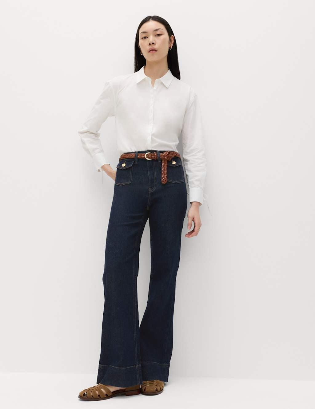 Marks & Spencer M&S High Waisted Patch Pocket Flared Jeans Indigo Mix