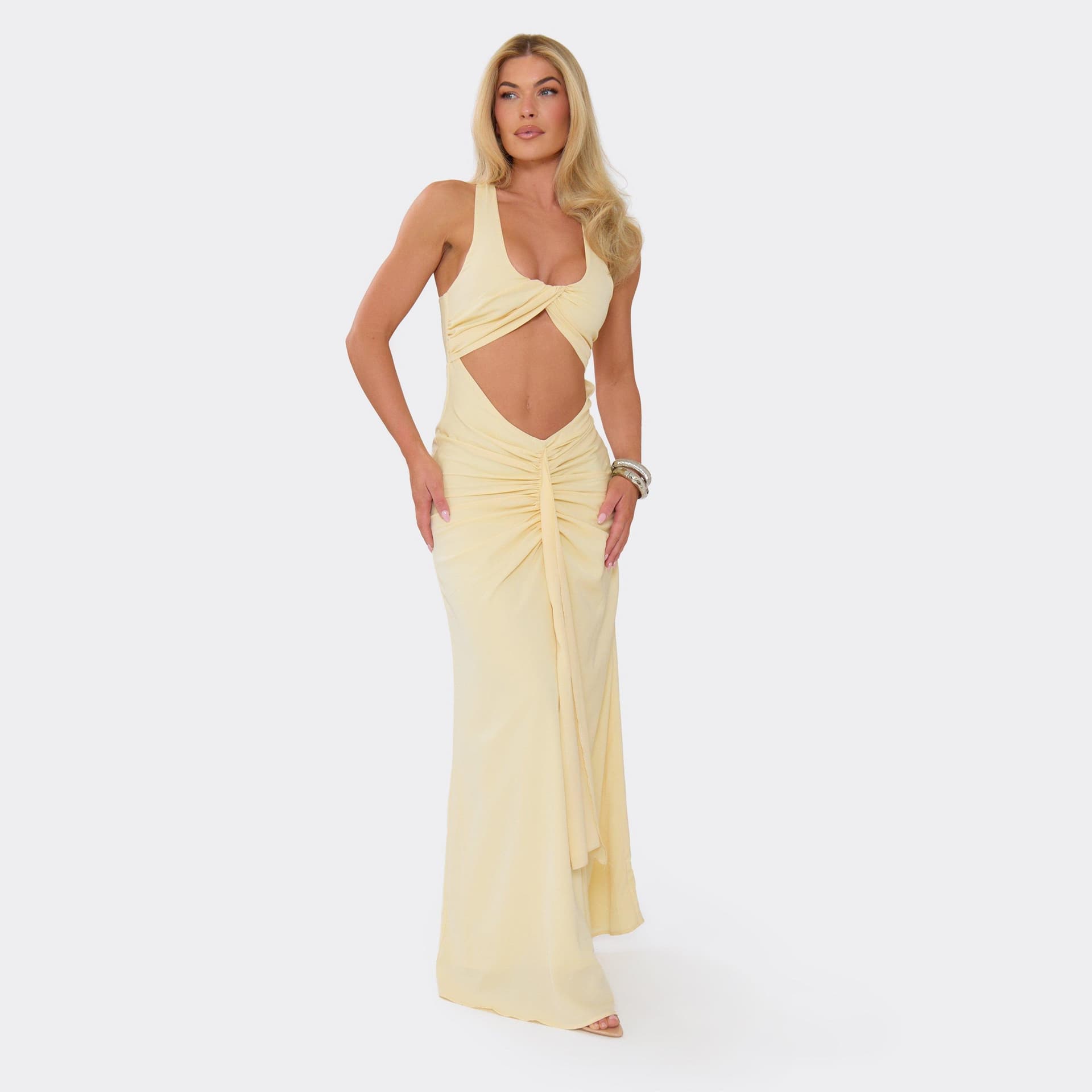 EGO Scoop Neck Cut Out Ruched Draped Front Maxi Dress In Yellow, Women's Size UK 6