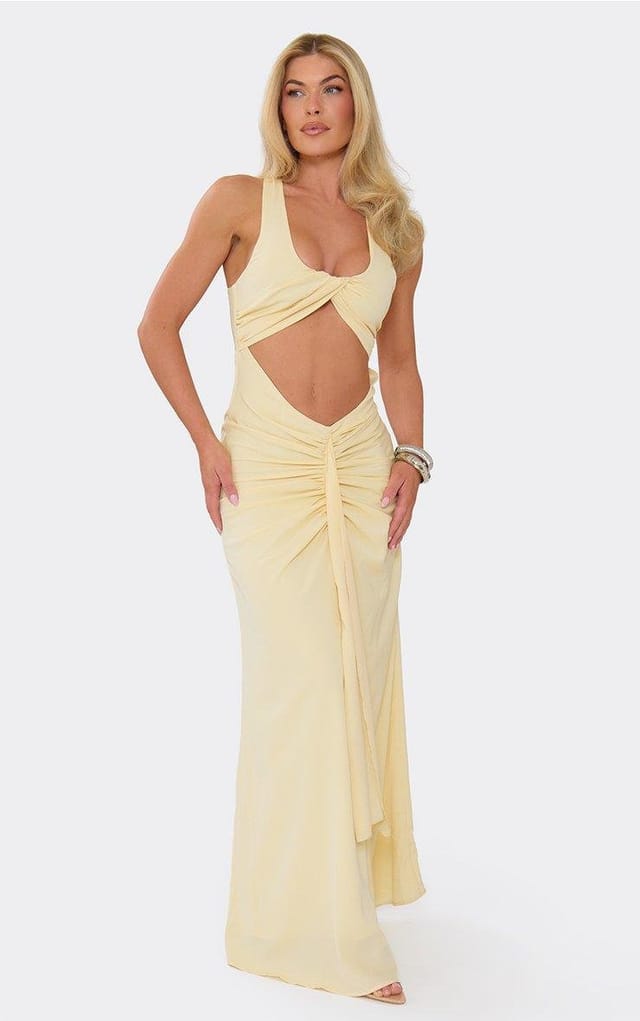 EGO Scoop Neck Cut Out Ruched Draped Front Maxi Dress In Yellow, Women's Size UK 6 - 2