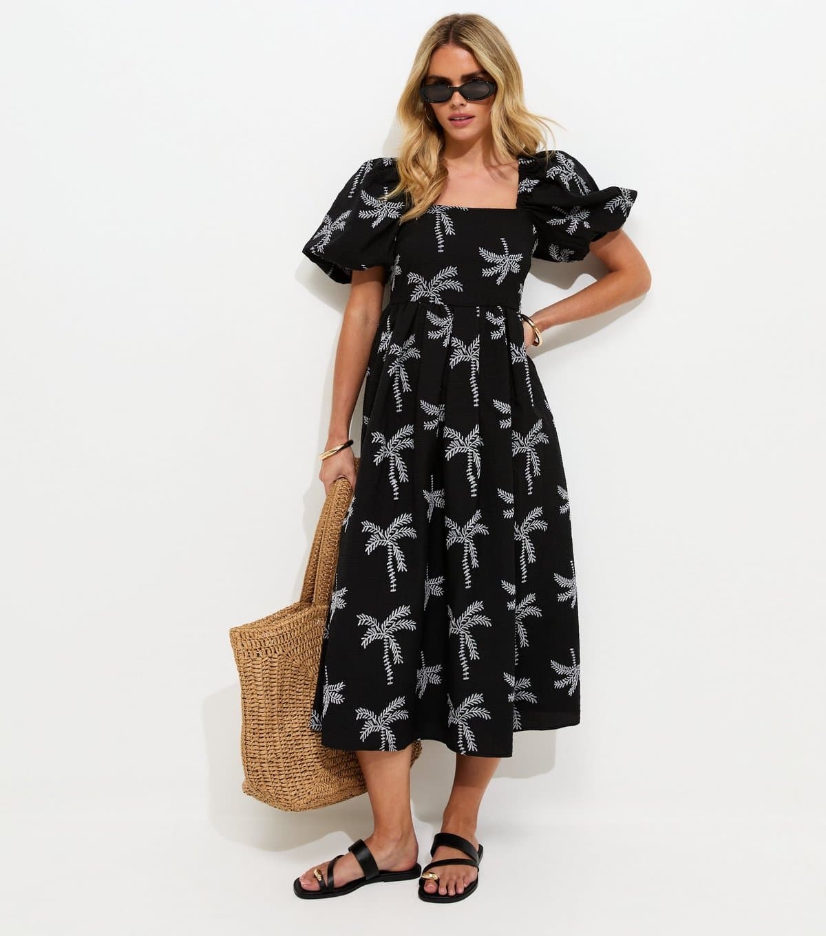 New Look Women's Petite Black Embroidered Palm Tree Puff Sleeve Midi Dress New Look