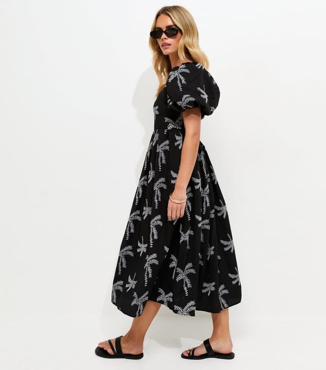 New Look Women's Petite Black Embroidered Palm Tree Puff Sleeve Midi Dress New Look - 2
