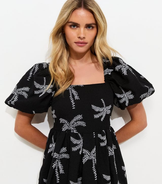 New Look Women's Petite Black Embroidered Palm Tree Puff Sleeve Midi Dress New Look - 3