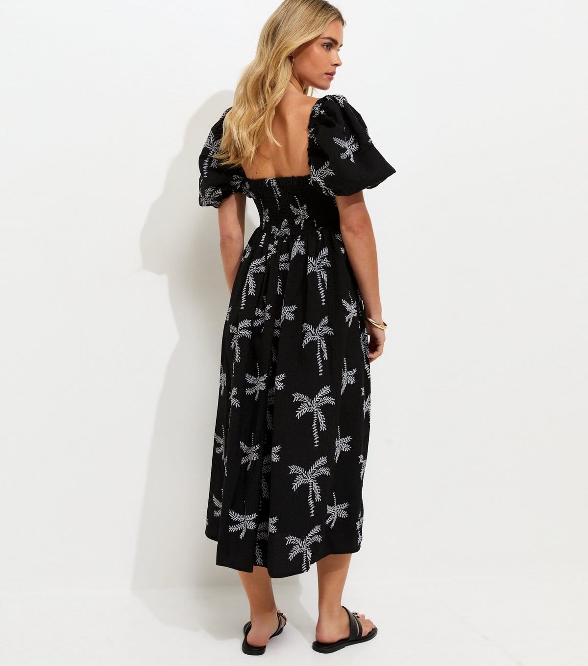 New Look Women's Petite Black Embroidered Palm Tree Puff Sleeve Midi Dress New Look - 4