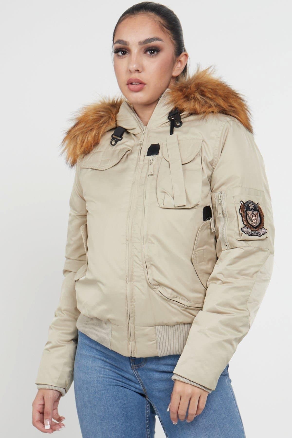 Love Sunshine Love Sunshine Beige Bomber Jacket with Faux Fur Hood