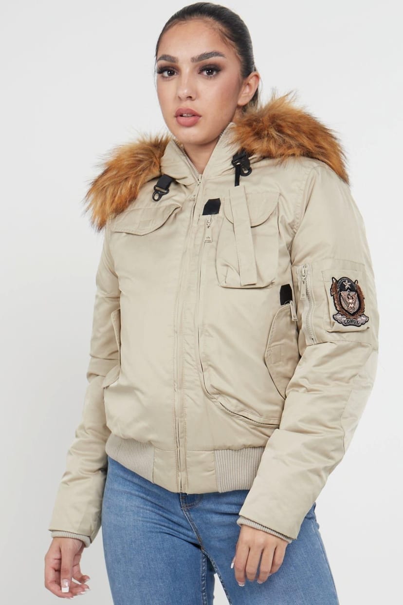 Love Sunshine Love Sunshine Women's Womens Bomber Para Jacket with Faux Fur on Hood in Beige - 1