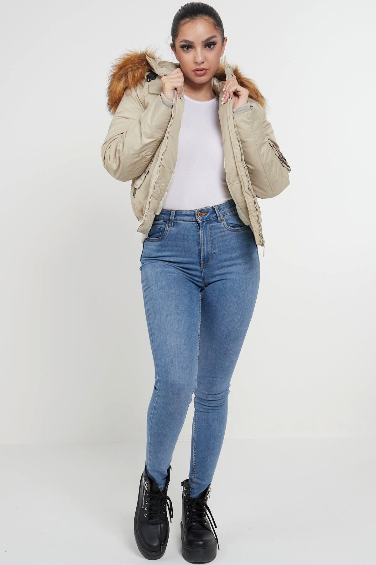 Love Sunshine Love Sunshine Women's Womens Bomber Para Jacket with Faux Fur on Hood in Beige - 2