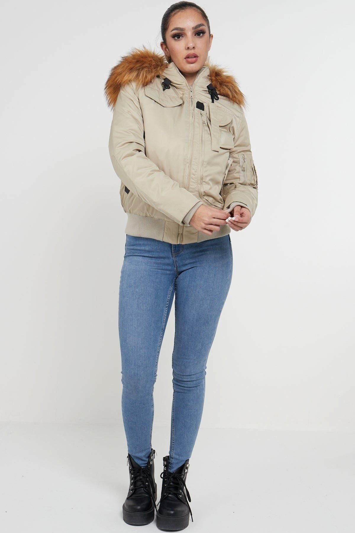 Love Sunshine Love Sunshine Women's Womens Bomber Para Jacket with Faux Fur on Hood in Beige - 3