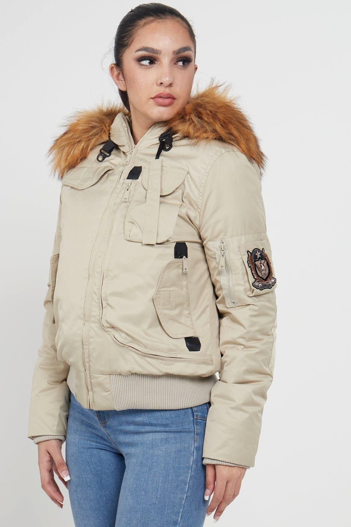 Love Sunshine Love Sunshine Women's Womens Bomber Para Jacket with Faux Fur on Hood in Beige - 4