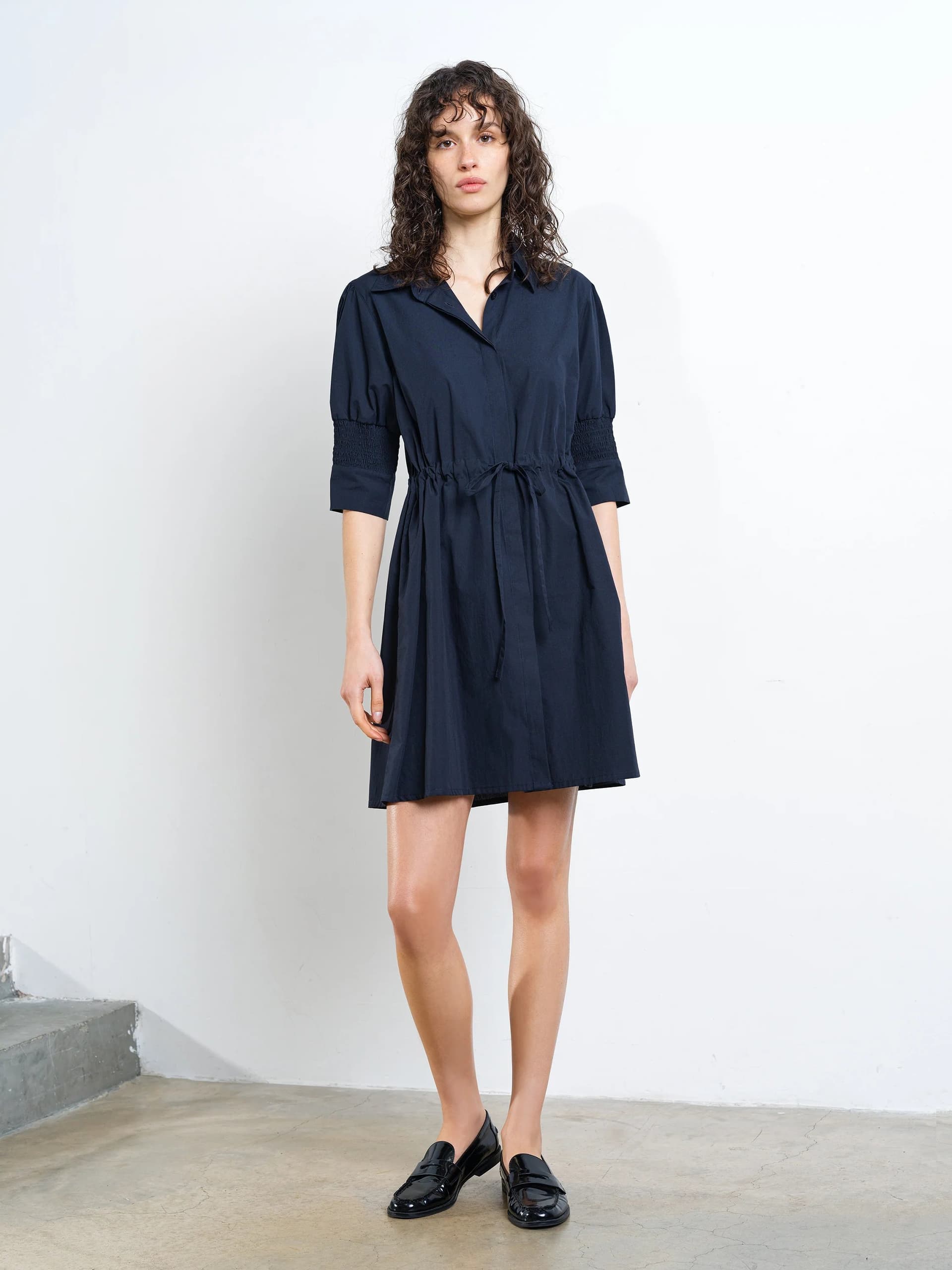 French Connection Cambria Cotton Cinched Waist Shirt Dress Navy Dark Blue