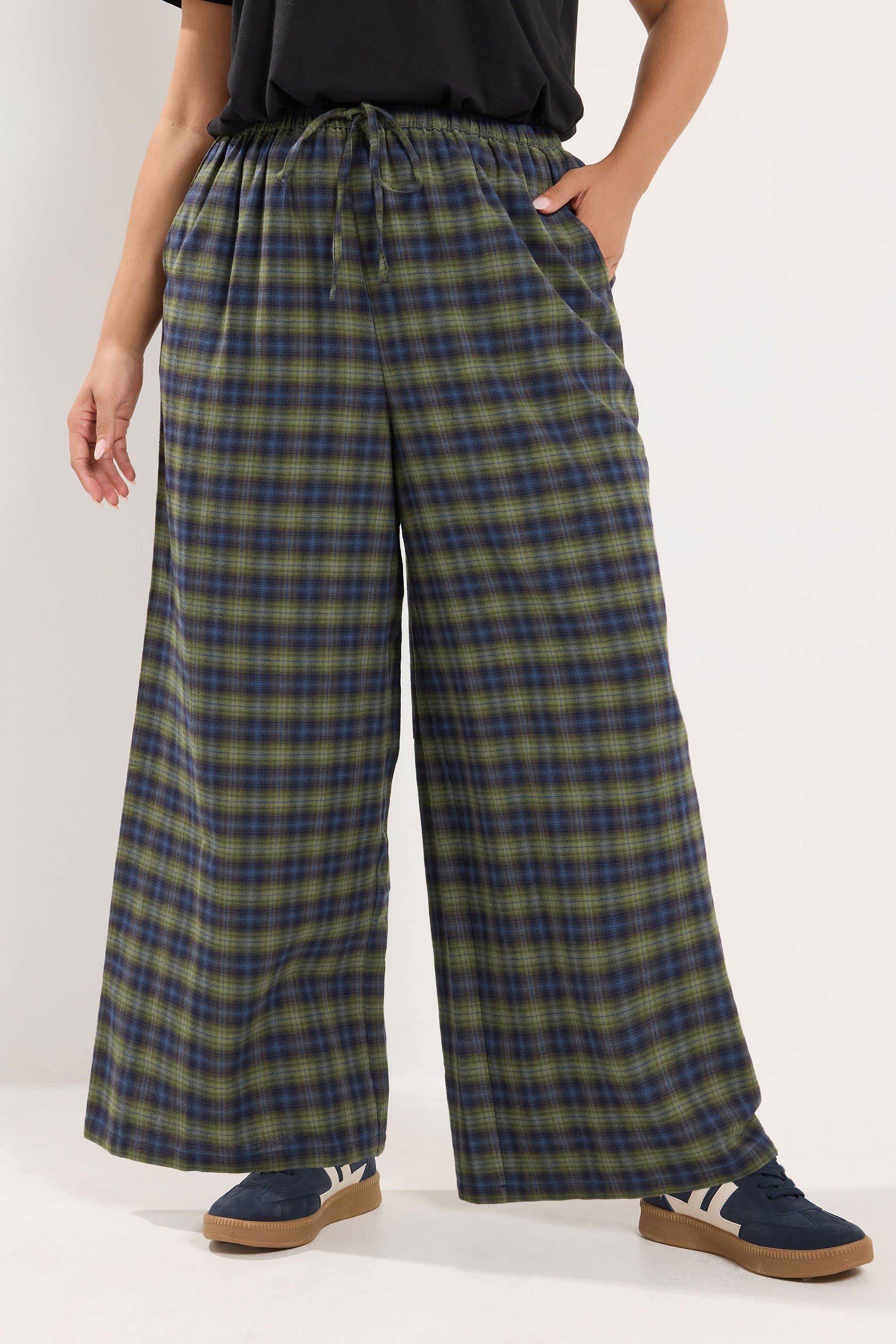 Yours Plus Size Green Check Wide Leg Woven Trousers