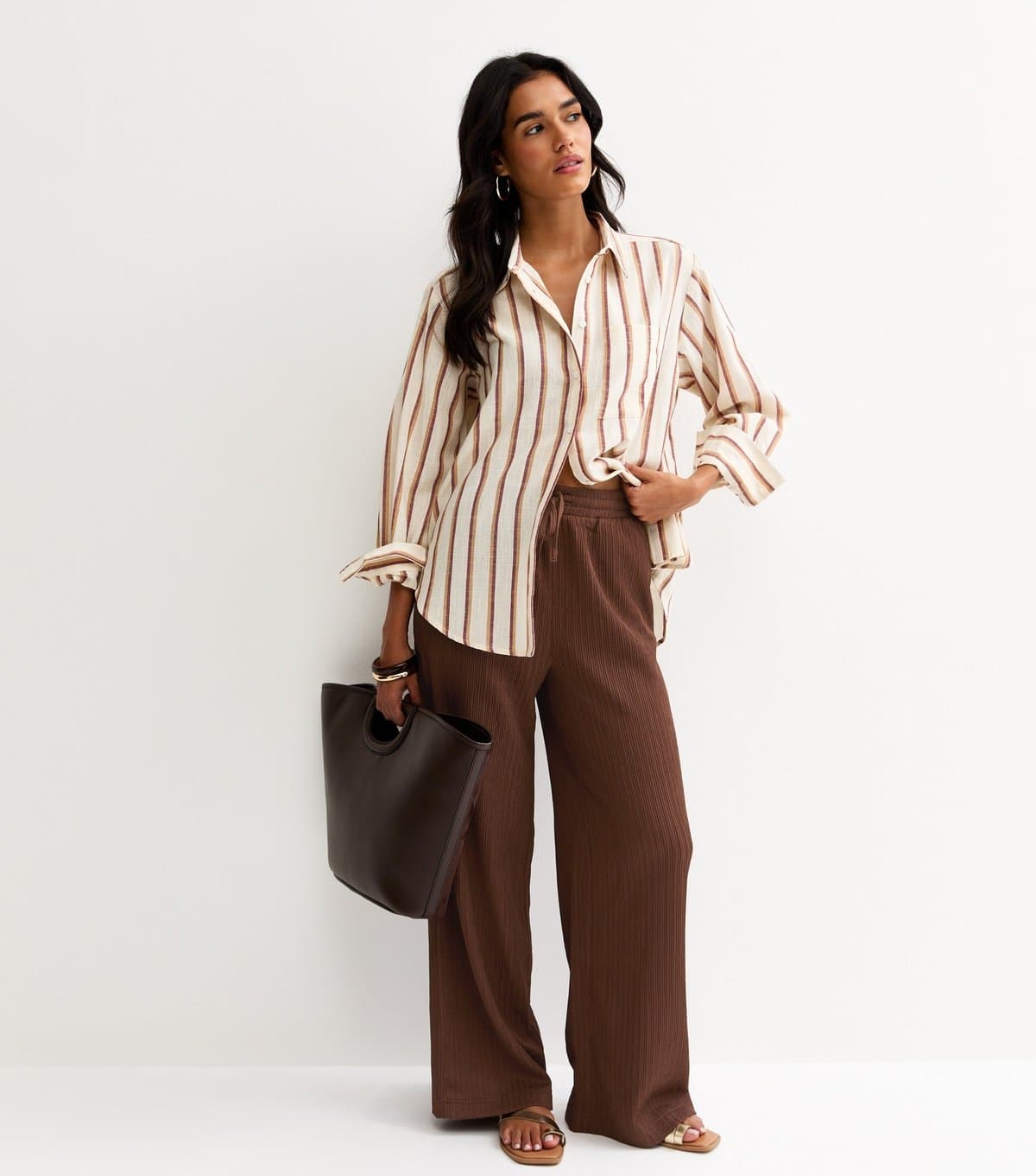 New Look Women's Brown Textured Jersey Wide Leg Trousers New Look