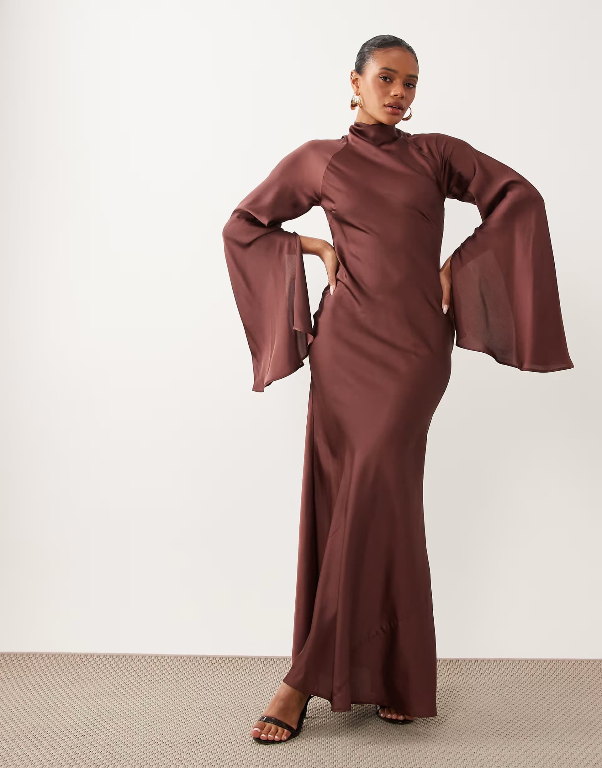 ASOS ASOS DESIGN satin maxi dress with split sleeve and scarf detail in Brown