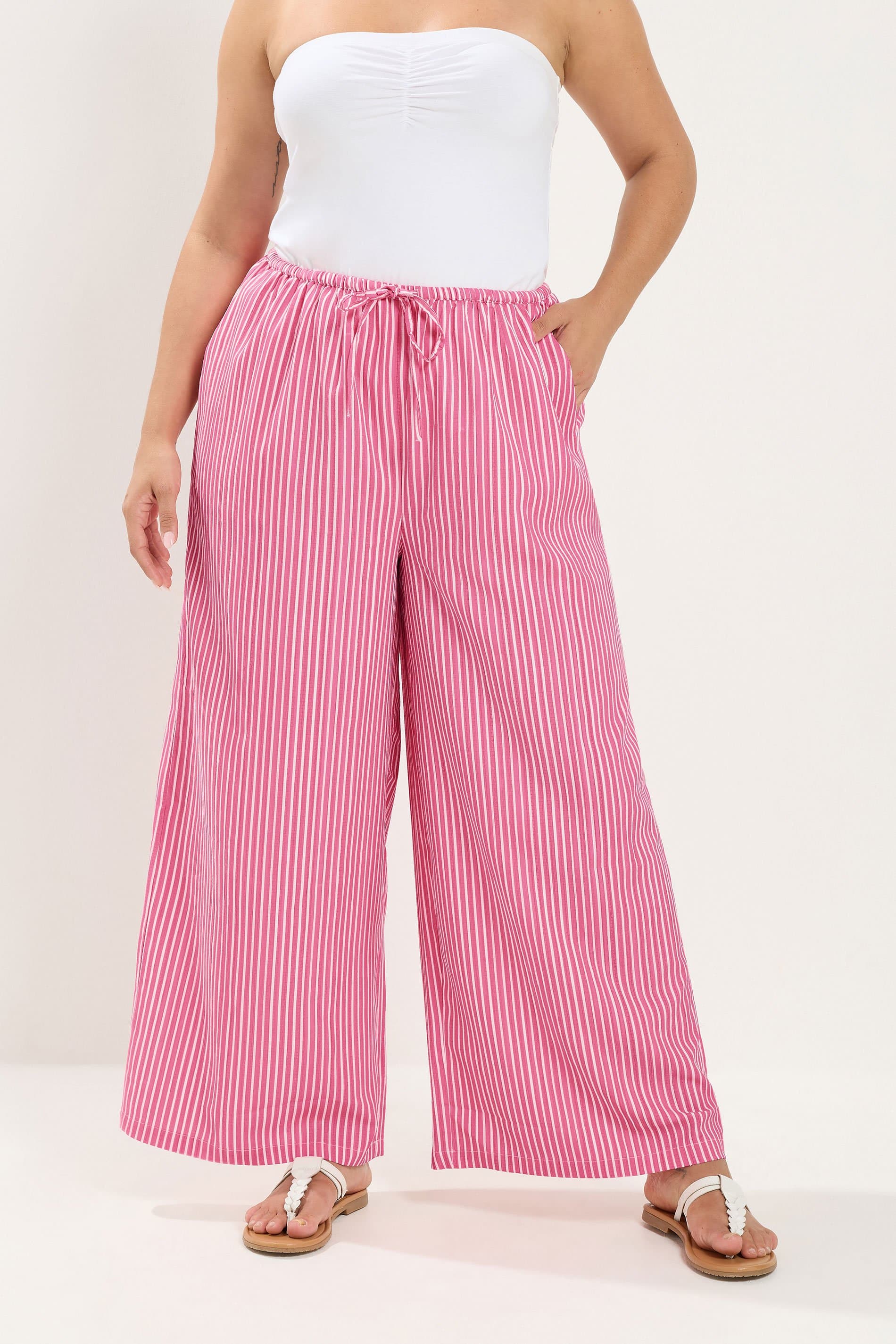 Yours Plus Size Pink Striped Wide Leg Trousers