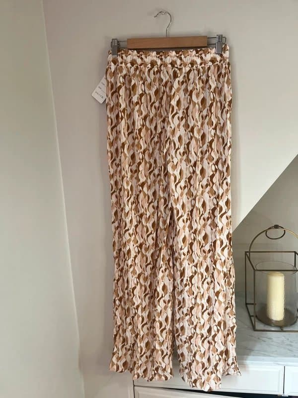 Made In Italy Made in Italy Brown Beige White Swirl Print Pleated Floaty Wide Leg Trousers8-20