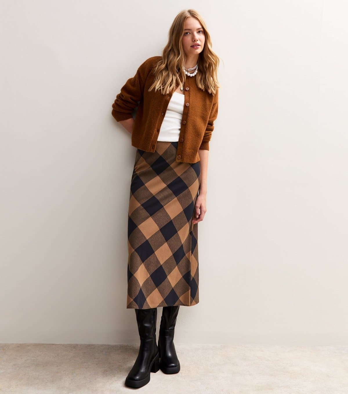 New Look Women's Brown Check Midi Skirt New Look