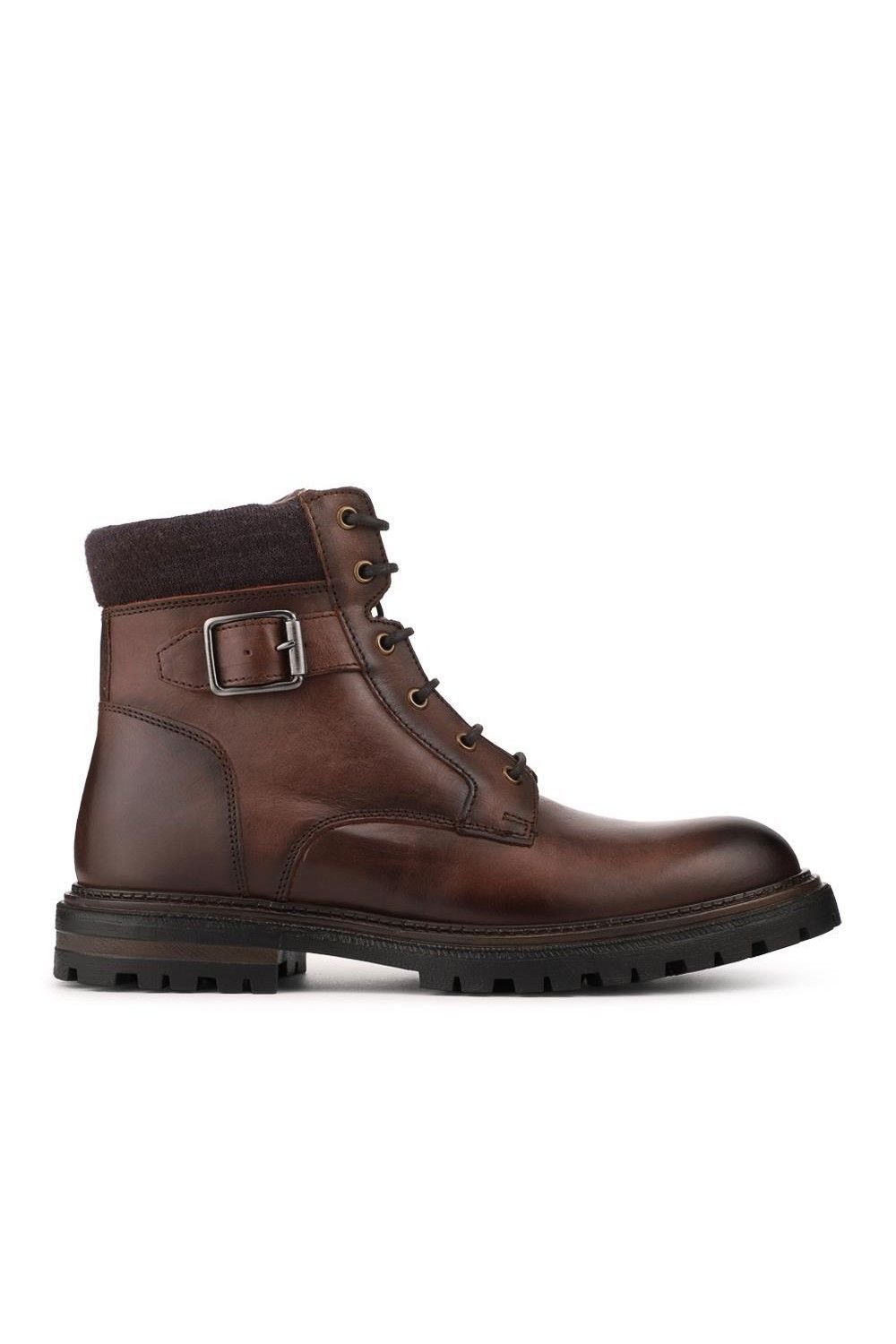 Pavers Pavers Men's Leather Lace Up Boots With Buckle Detail in Brown - 2