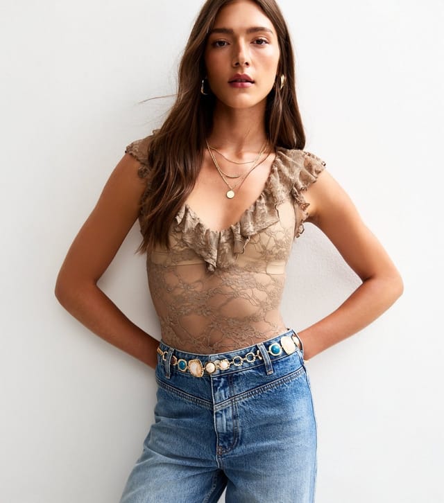 New Look Women's Brown Frill Trim Floral Lace Sheer Bodysuit New Look - 2
