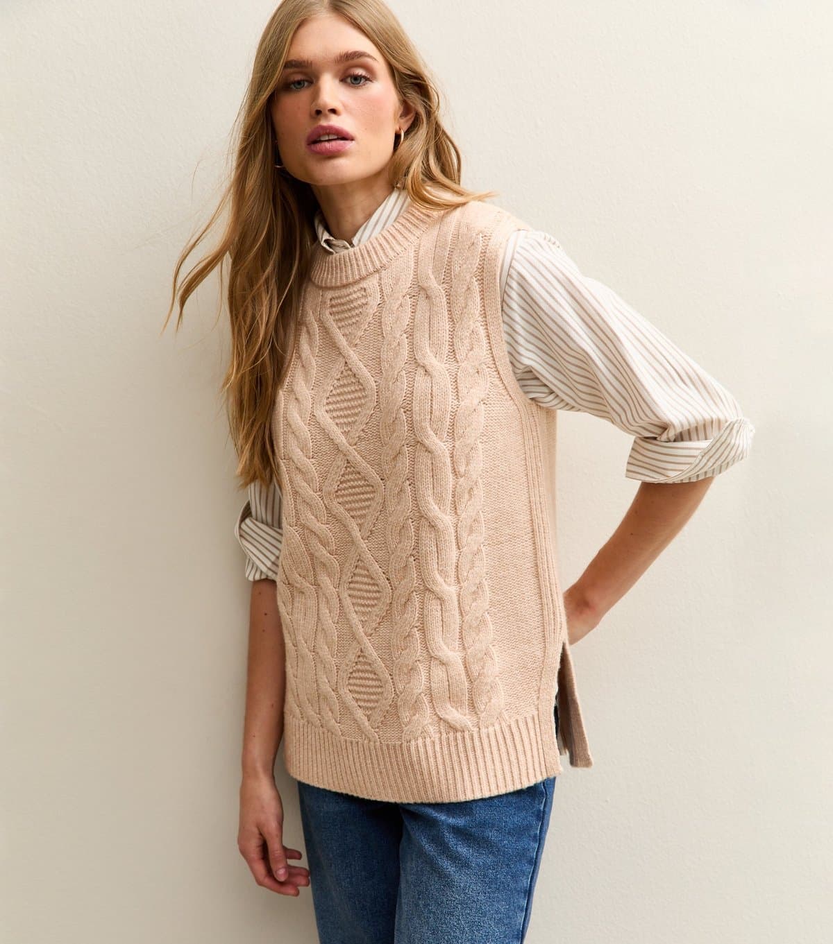 New Look Women's Camel Cable Knit Longline Tabard New Look