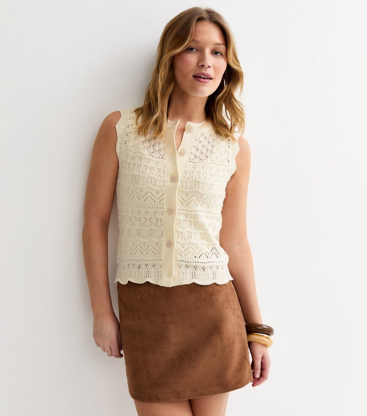 New Look New Look Cream Cotton Rich Crochet Look Knit Waistcoat