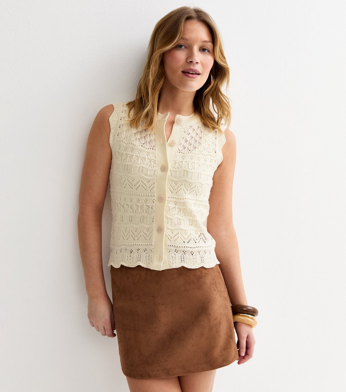 New Look Women's Cream Cotton Rich Crochet Look Knit Waistcoat New Look - 2