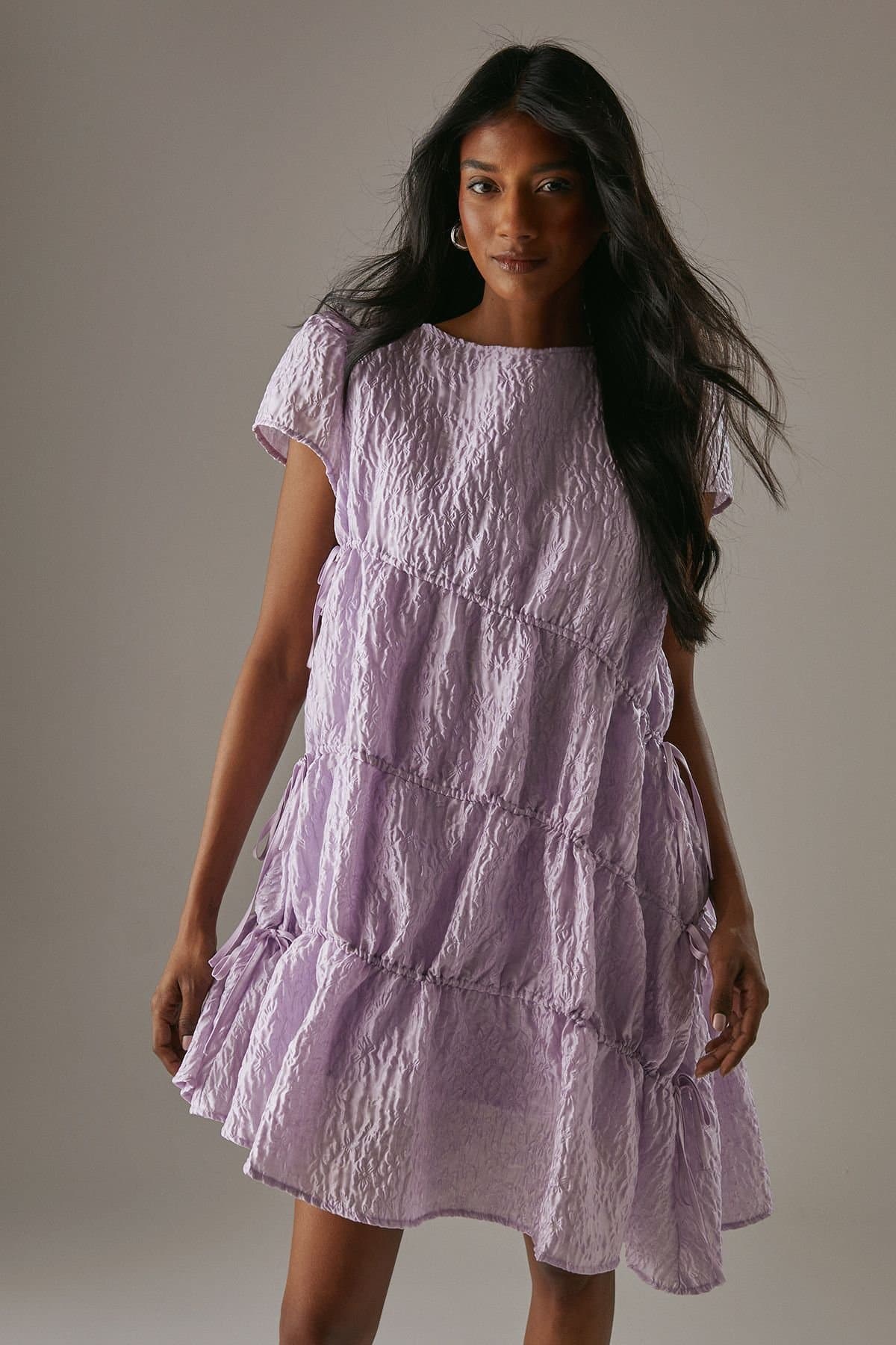 Warehouse Warehouse Women's Premium Jacquard Gathered Channel Smock Mini Dress in Soft Pink