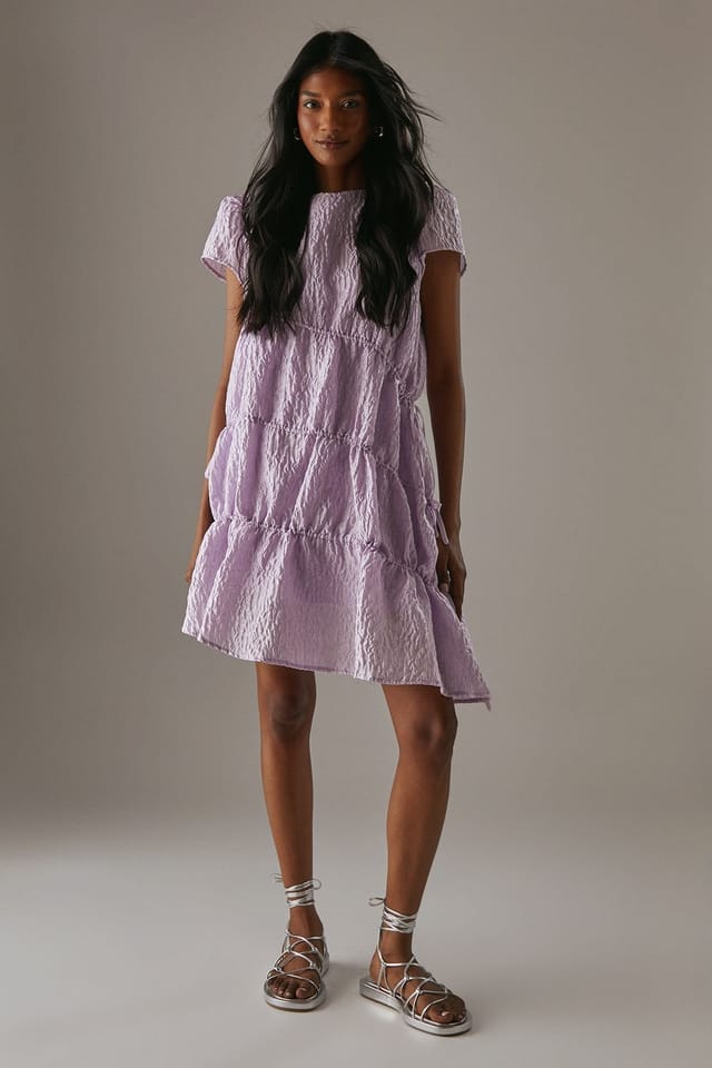 Warehouse Warehouse Women's Premium Jacquard Gathered Channel Smock Mini Dress in Soft Pink - 2