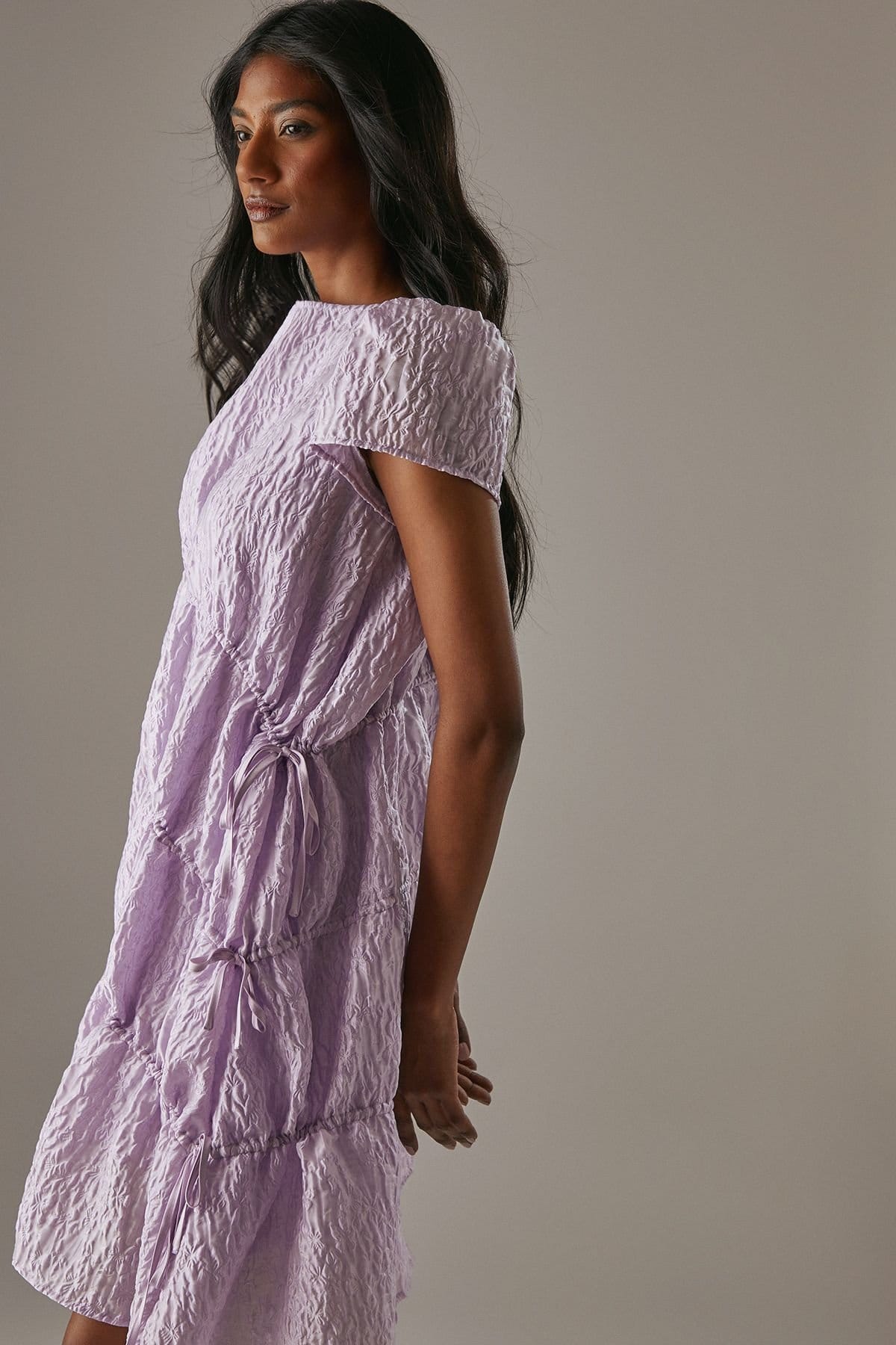 Warehouse Warehouse Women's Premium Jacquard Gathered Channel Smock Mini Dress in Soft Pink - 4