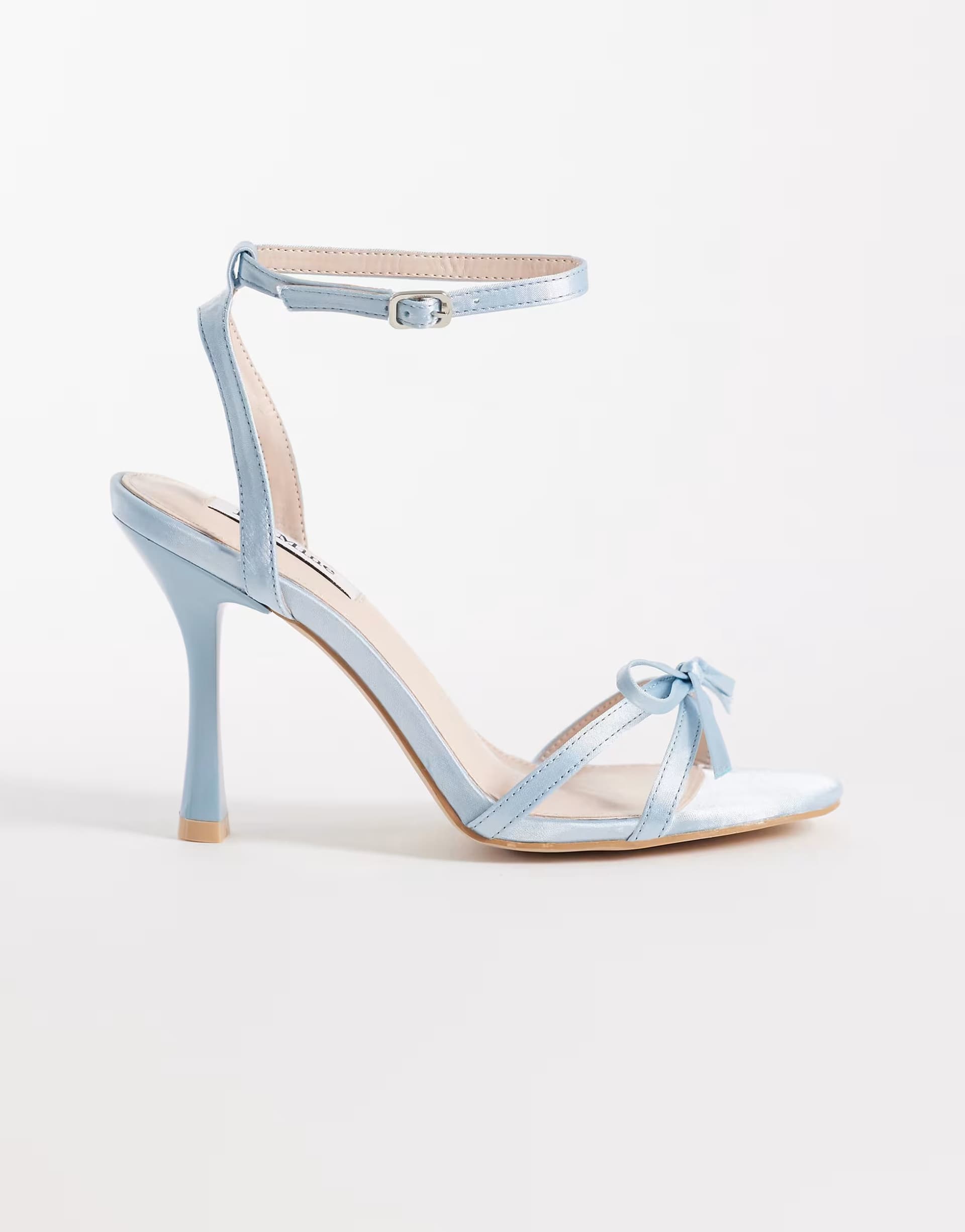 ASOS Be Mine Bridal Sharly heeled sandals with bow detail in satin blue